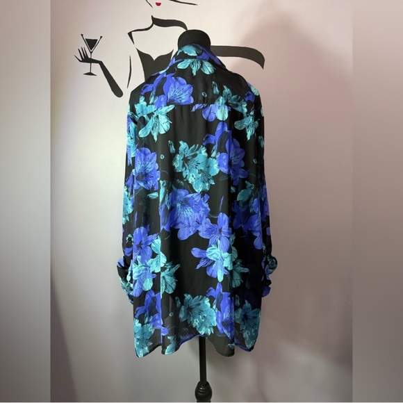 Black Floral Button-Up Blouse in Blue Teal. Semi sheer. Flowy. PTP 26 - Picture 4 of 7